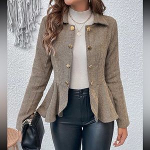 Womens Brown Peplum Herringbone Blazer Jacket